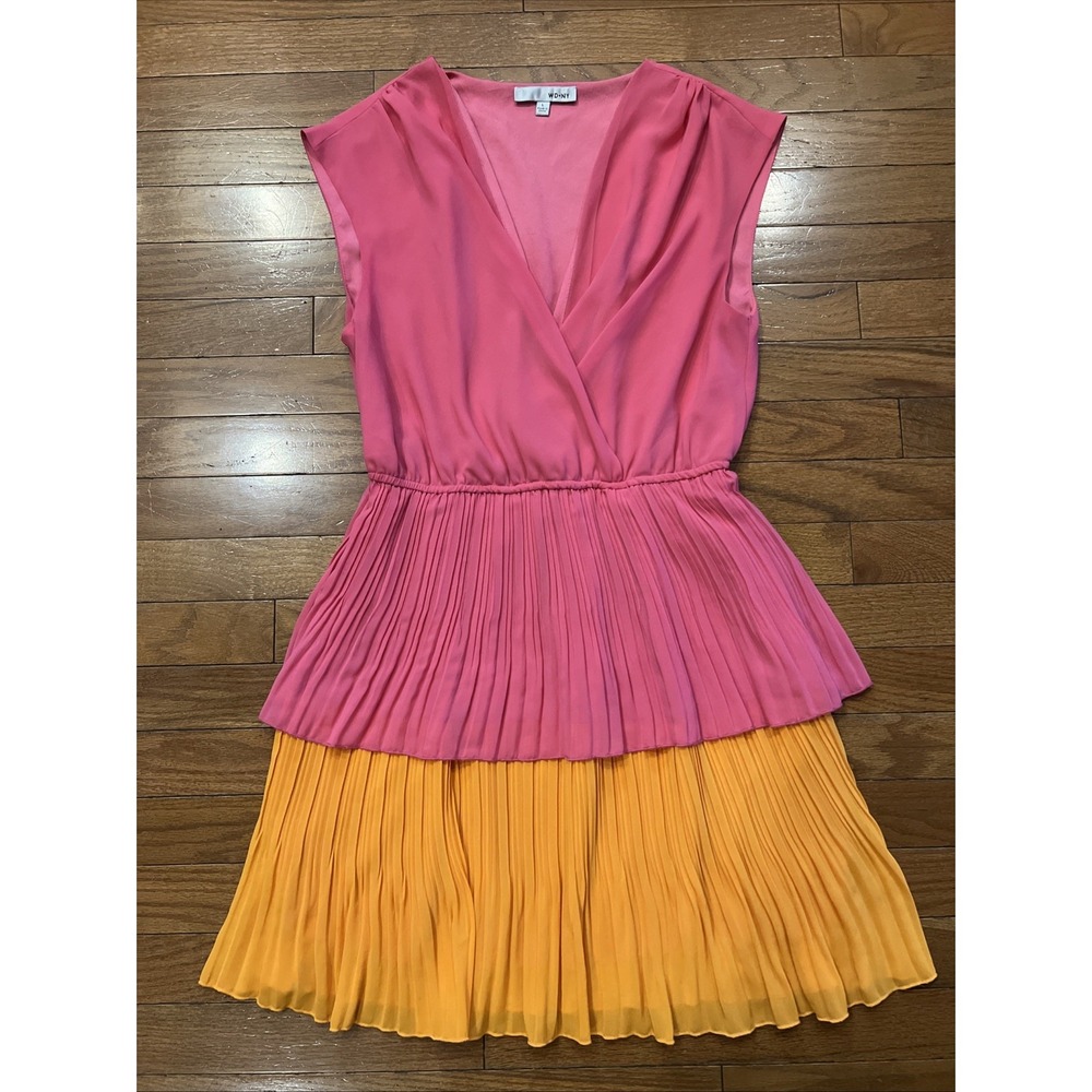 WD.NY Pink Orange Colorblock Pleated Midi Dress Women's Large Sleeveless